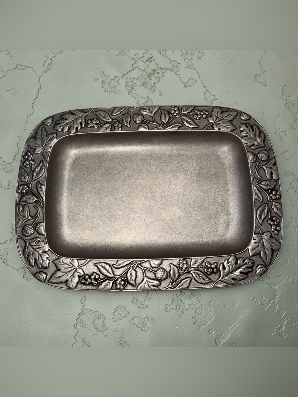 Longaberger Pewter-Tone Decorative Tray with Leaf & Acorn Border